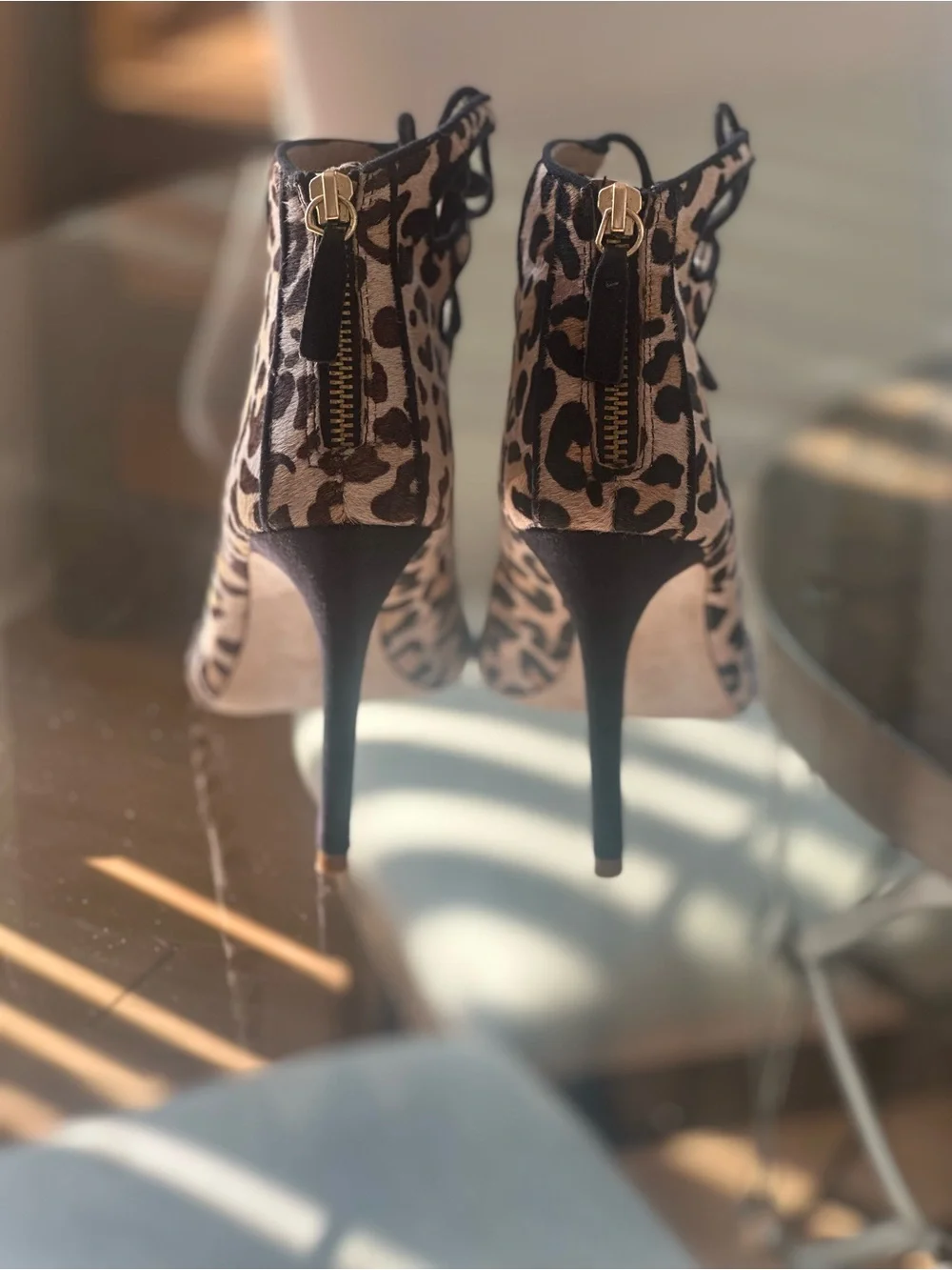 Zara calf hair leopard print Lace-Up Peep Toe Heels - Black & Beige sz 39 8US